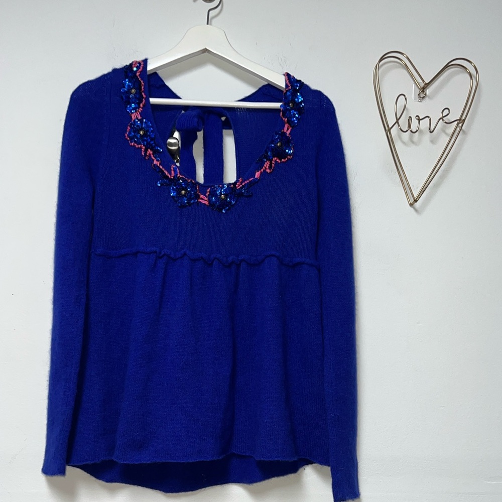 Free People Royal Blue sequins Embellished babydoll sweater size M